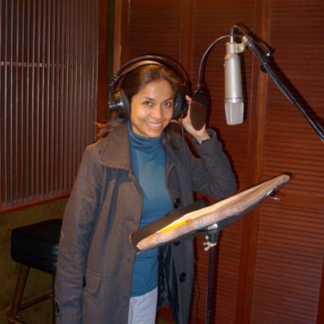 Olivia Ramos recording a voice-over.